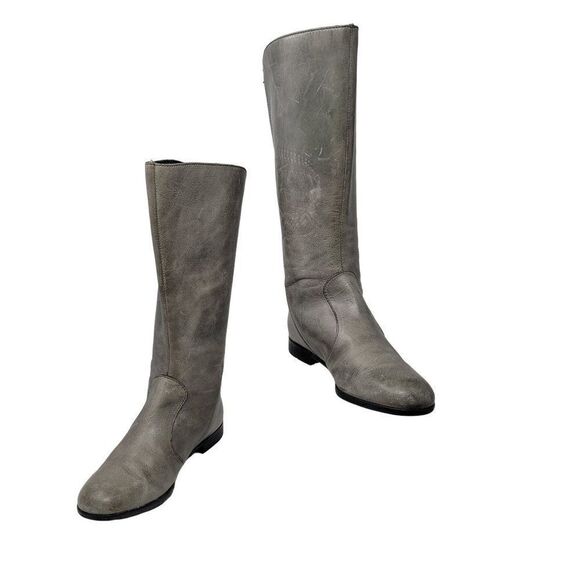 Born Gray Tall Distressed Leather Boots 7 Button Flat Zip Up Mid Calf Boho - Picture 2 of 13